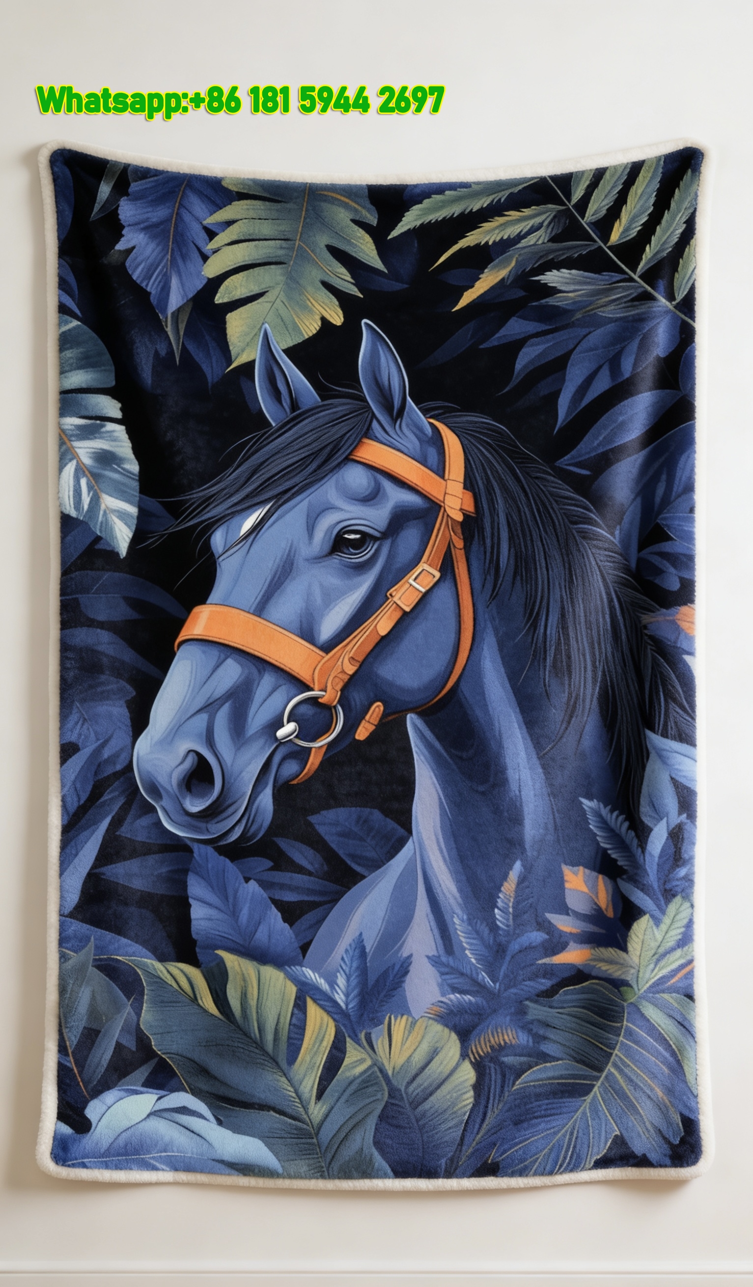 Hermes Tropical Blue Horse Flannel Throw Blanket IMG_5281